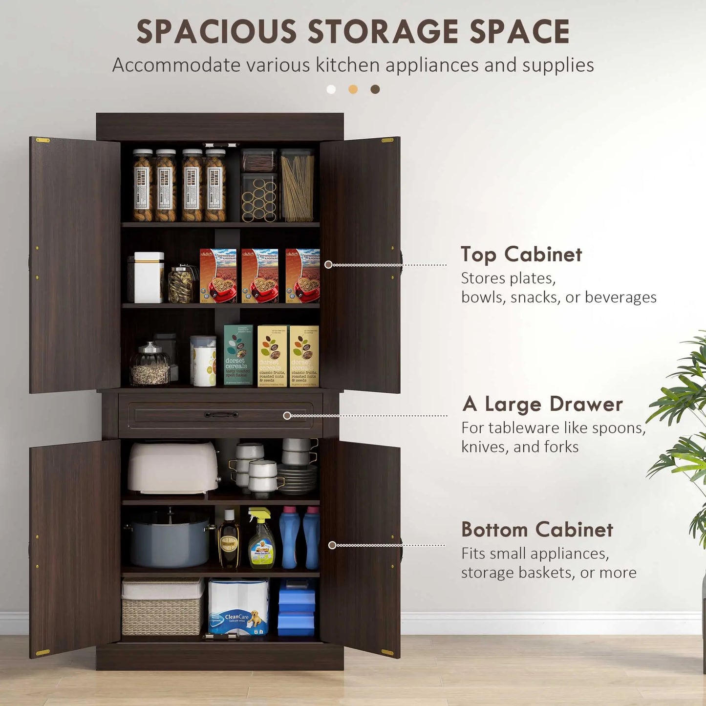 71" Freestanding Kitchen Pantry, 4 Doors 2 Cabinets, Distressed Coffee Kitchen Pantry Cabinets at Gallery Canada