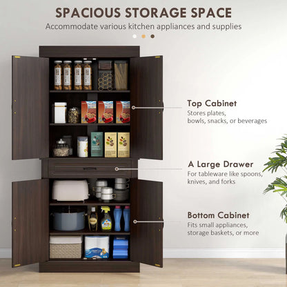 71" Freestanding Kitchen Pantry, 4 Doors 2 Cabinets, Distressed Coffee Kitchen Pantry Cabinets at Gallery Canada
