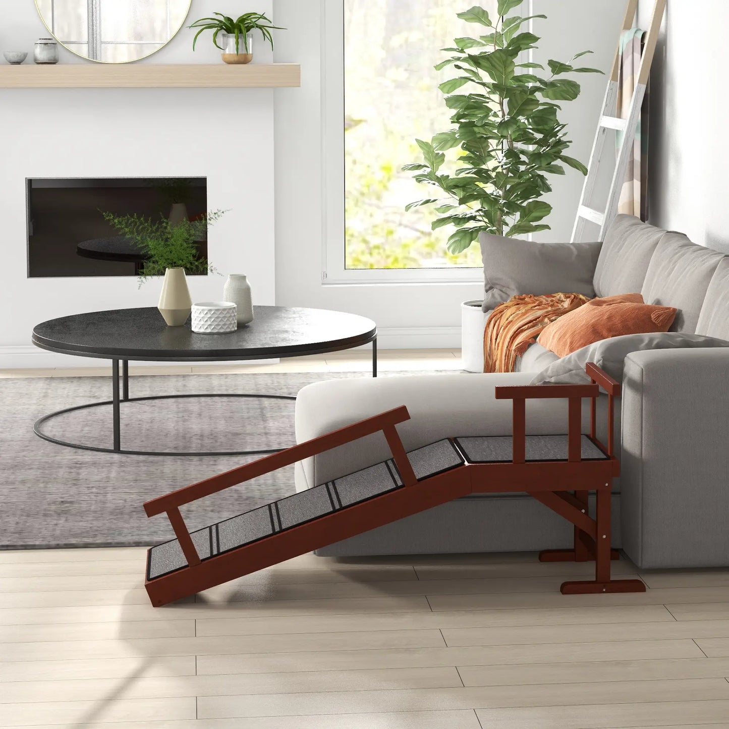 Wooden Dog Ramp, 49" Long, Non-Slip Rug, Removable Guardrails, Brown Dog Stairs at Gallery Canada