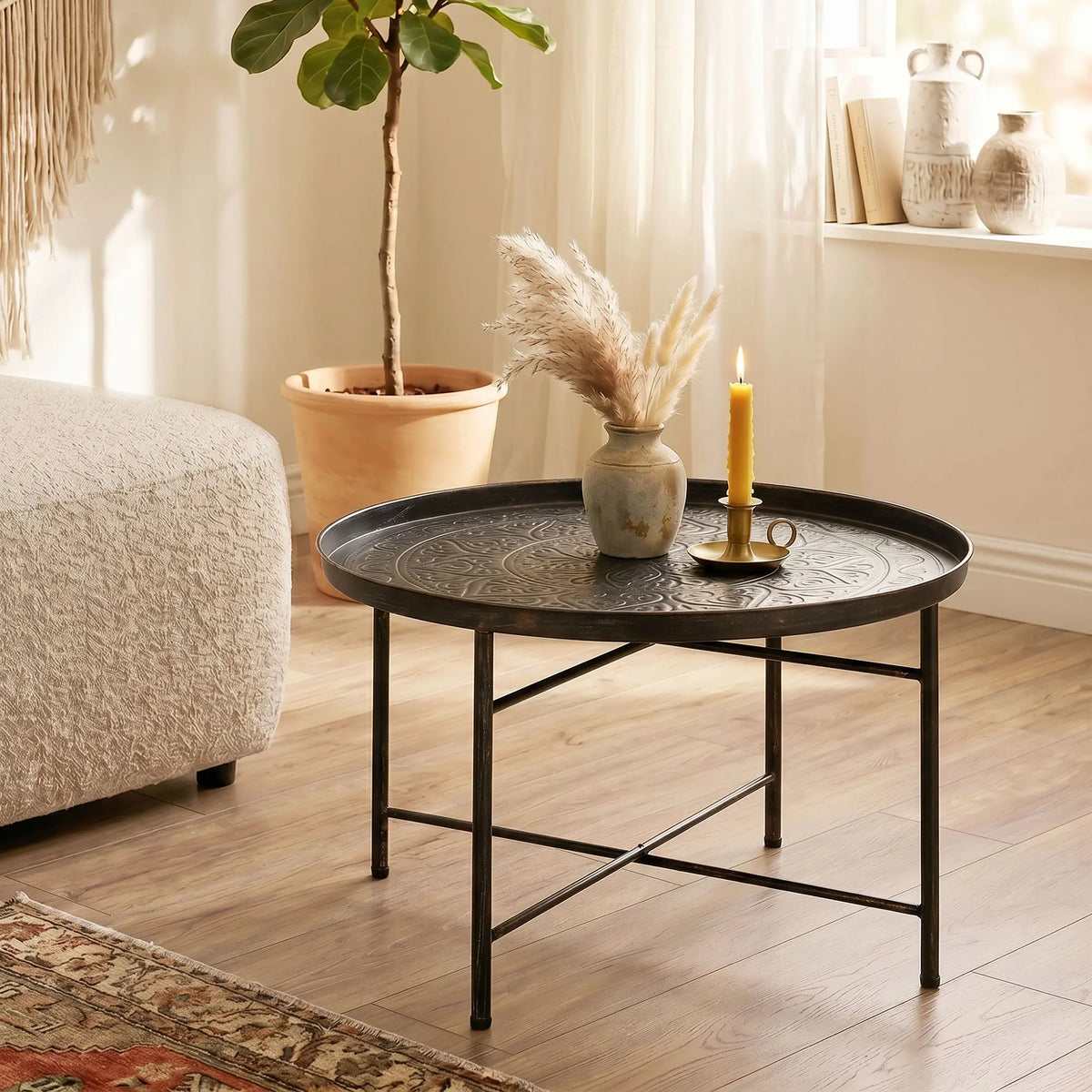 Vintage Coffee Table, 24" Round, Hammered Tray Top, Metal Frame, Pewter Coffee Tables at Gallery Canada