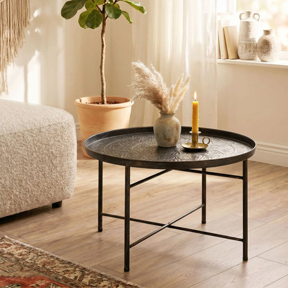 Vintage Coffee Table, 24" Round, Hammered Tray Top, Metal Frame, Pewter Coffee Tables at Gallery Canada