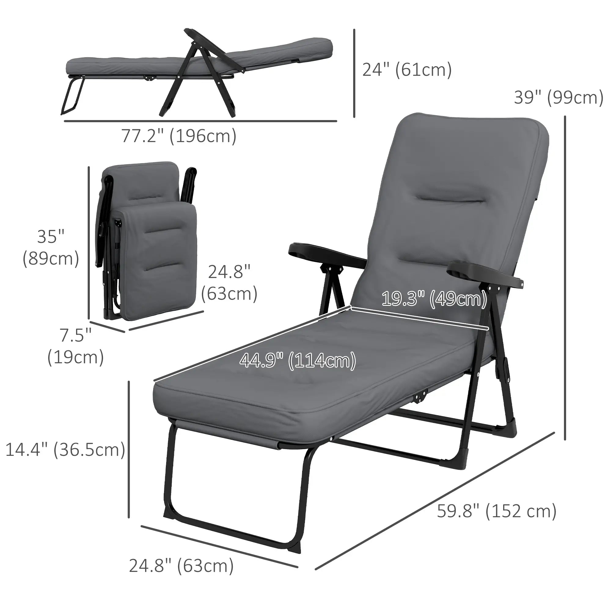 Outdoor Lounge Chair with Padded Cushion, Folding Reclining, Light Grey Lounger Chairs at Gallery Canada