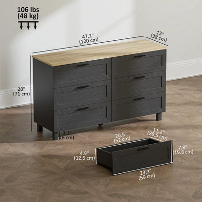 47" Wide Chest Of Drawers, Modern Dresser, 6 Drawers, Wood Legs, Black Storage Cabinets at Gallery Canada