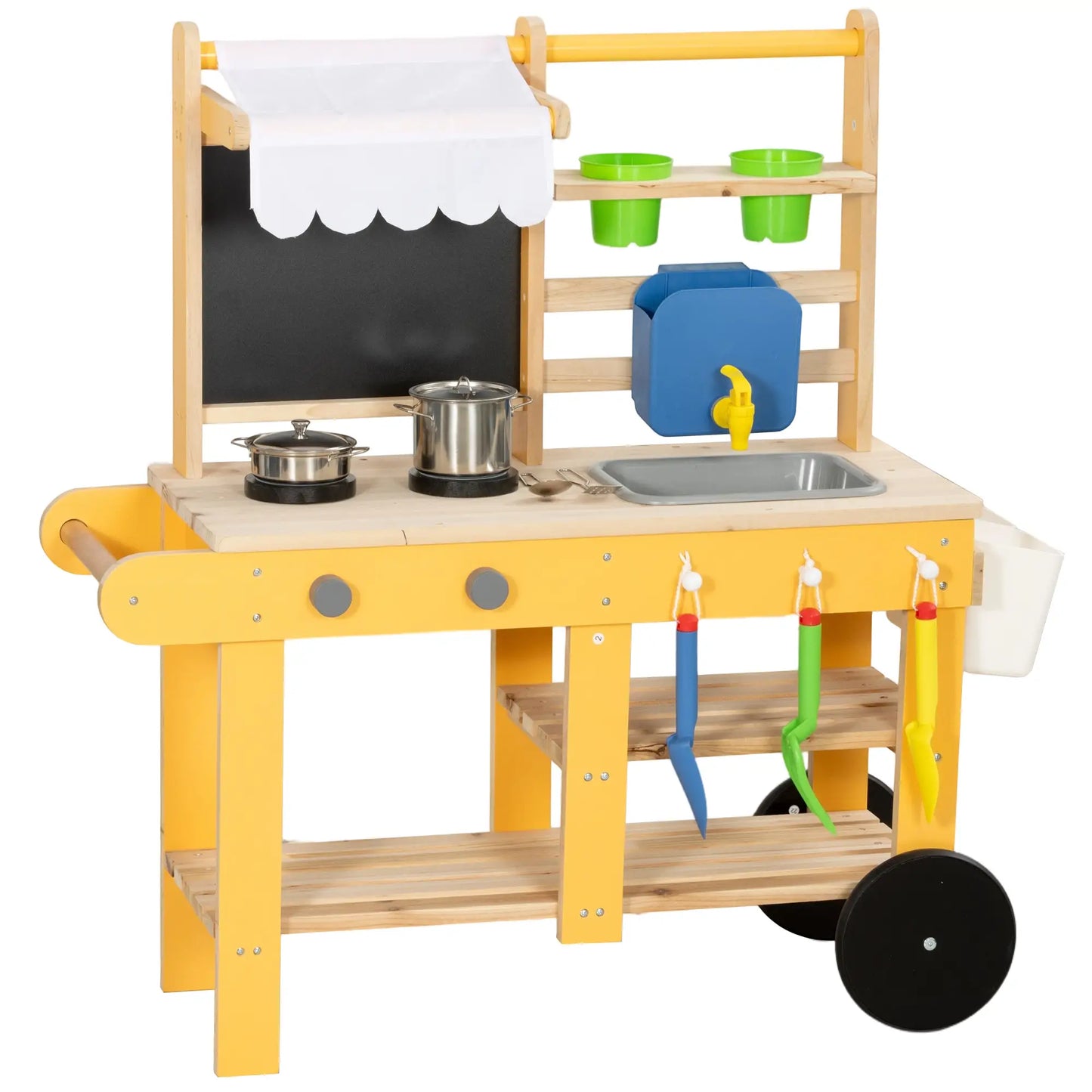 Kids Mud Kitchen With Wheels, Wooden Play Kitchen With Sink, Storage, Planting Pots, Blackboard, Yellow Play Kitchen Yellow at Gallery Canada