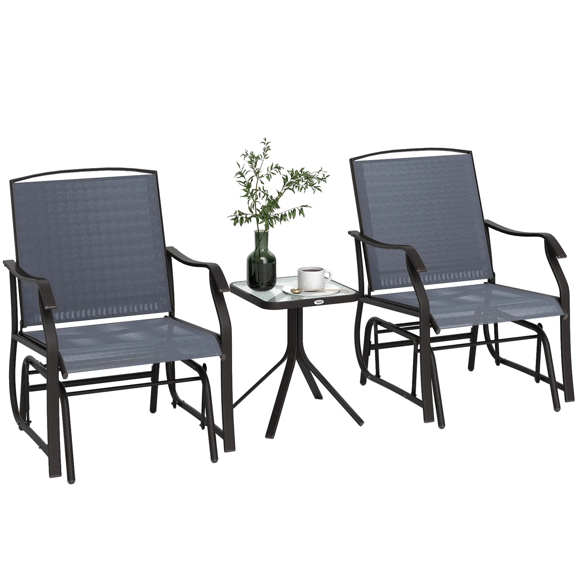 3 Piece Patio Glider Set, Breathable Mesh Seat, Glass Top Table, Grey Outdoor Gliders Brown Frame, Grey Fabric at Gallery Canada