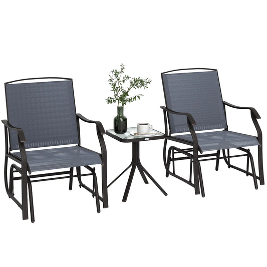 3 Piece Patio Glider Set, Breathable Mesh Seat, Glass Top Table, Grey Outdoor Gliders Brown Frame, Grey Fabric at Gallery Canada