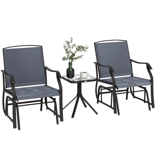 3 Piece Patio Glider Set, Breathable Mesh Seat, Glass Top Table, Grey