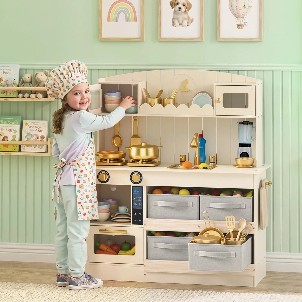 Ensemble de cuisine en bois pour enfants, lumières, sons, 12 pièces, crème