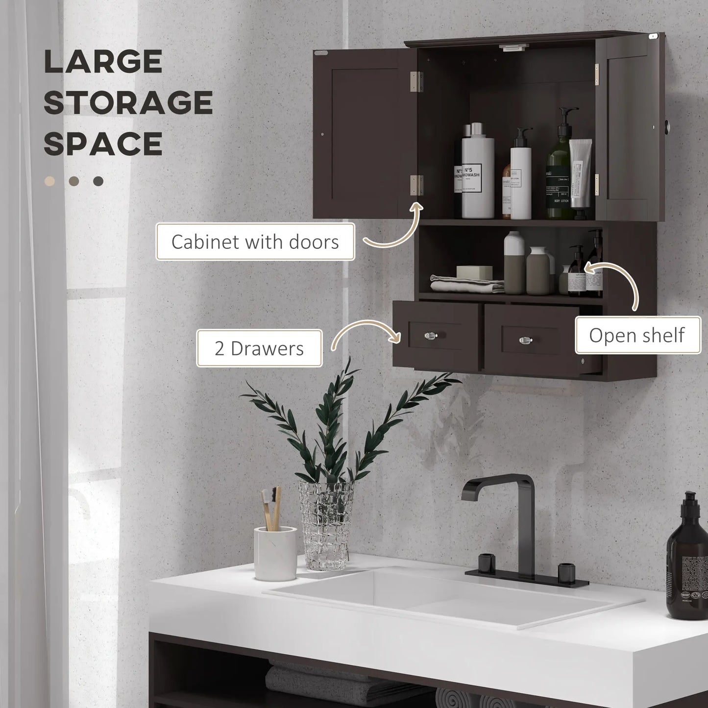 Medicine Cabinet, Bathroom Wall Cabinet with Shelf, Drawers, Brown Wall Mounted Cabinets at Gallery Canada