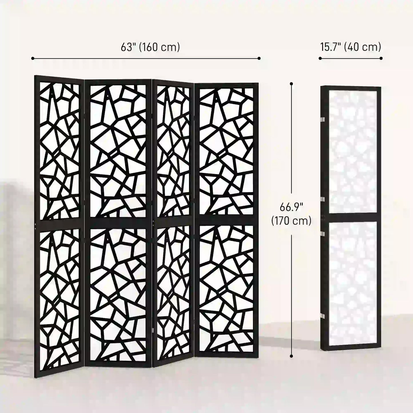 4 Panel Room Divider, 5.6 FT, Geometric Pattern Privacy Screen, Black