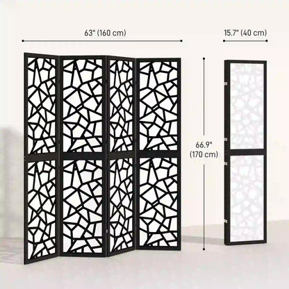 4 Panel Room Divider, 5.6 FT, Geometric Pattern Privacy Screen, Black