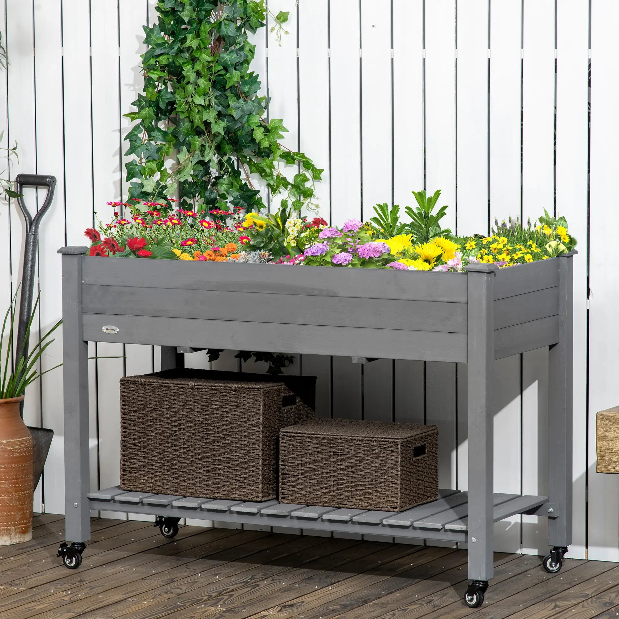 Mobile Raised Garden Bed, Wood Planter Box w/ Wheels, Storage Shelf, Dark Grey Elevated Garden Beds at Gallery Canada