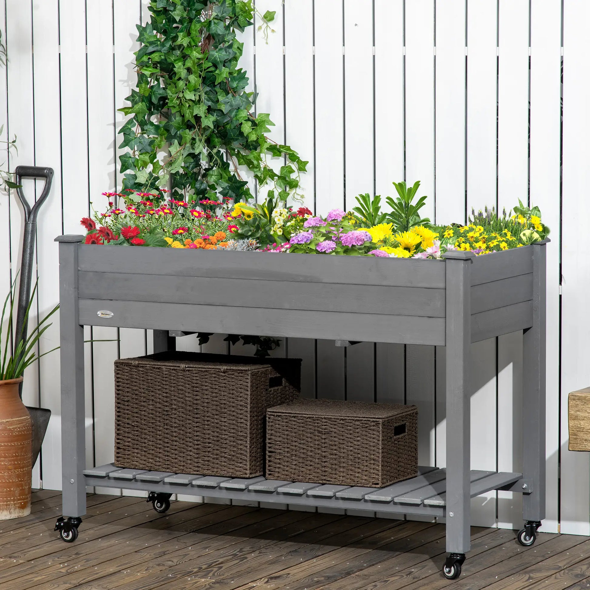 Mobile Raised Garden Bed, Wood Planter Box w/ Wheels, Storage Shelf, Dark Grey Elevated Garden Beds at Gallery Canada