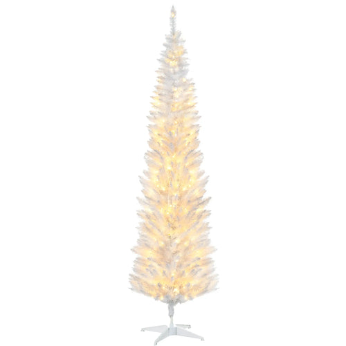 7' Pre Lit Artificial Pencil Christmas Tree, Warm White LED Lights, White