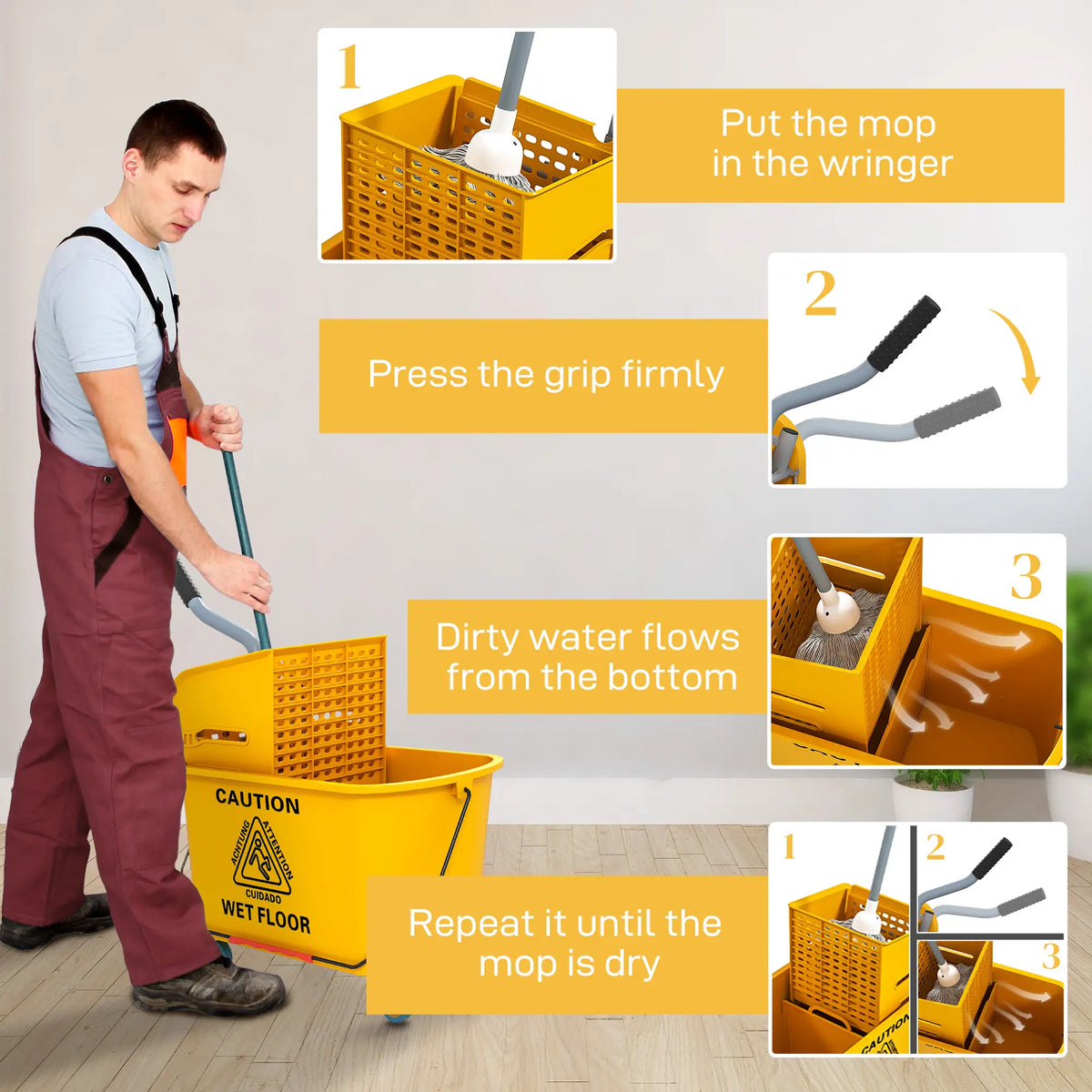 Mop Bucket with Wringer on Wheels, 21 Quart, Yellow Household Supplies at Gallery Canada