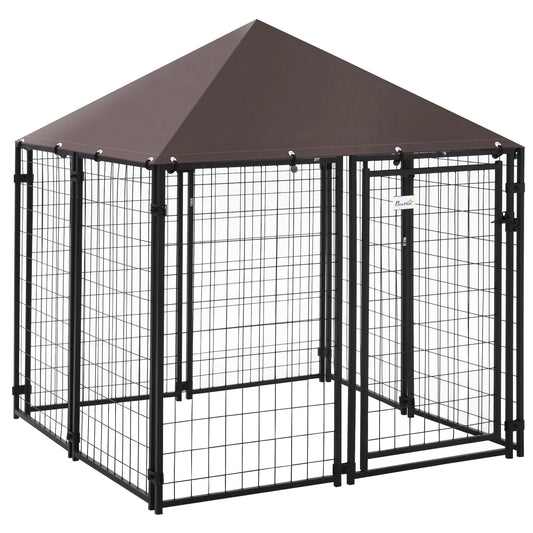 Outdoor Dog Kennel, Steel Fence, Lockable Playpen, UV-Resistant Canopy, 4.6ft x 4.6ft x 5ft, Black Houses, Kennels & Pens Black at Gallery Canada