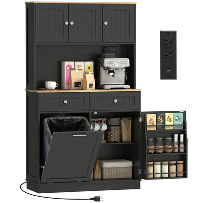 68 Inch Pantry Cabinet with Charging Station, Microwave Stand, Trash Can, Black Kitchen Pantry Cabinets at Gallery Canada