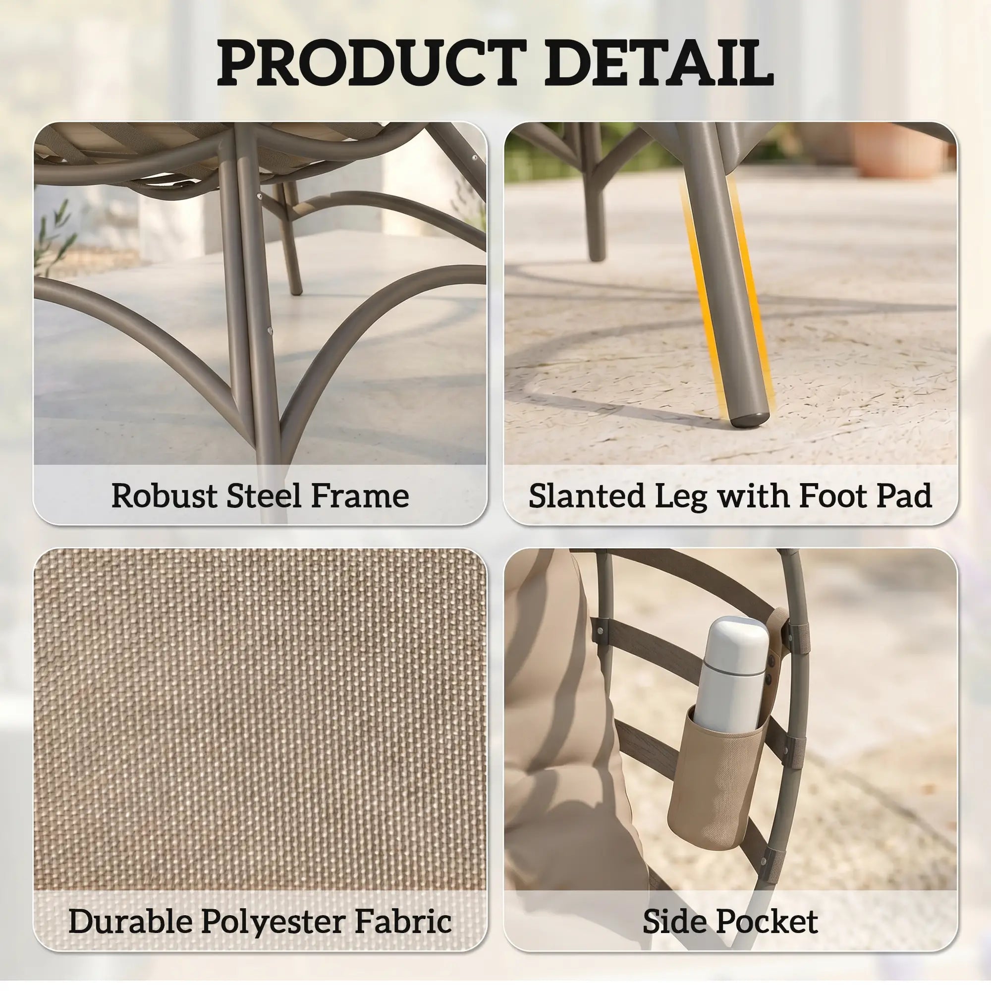 Egg Chair, Patio Lounge Chair, Foldable Basket Chair with Large Seat Cushion, Side Pocket, Sand Patio Chairs at Gallery Canada