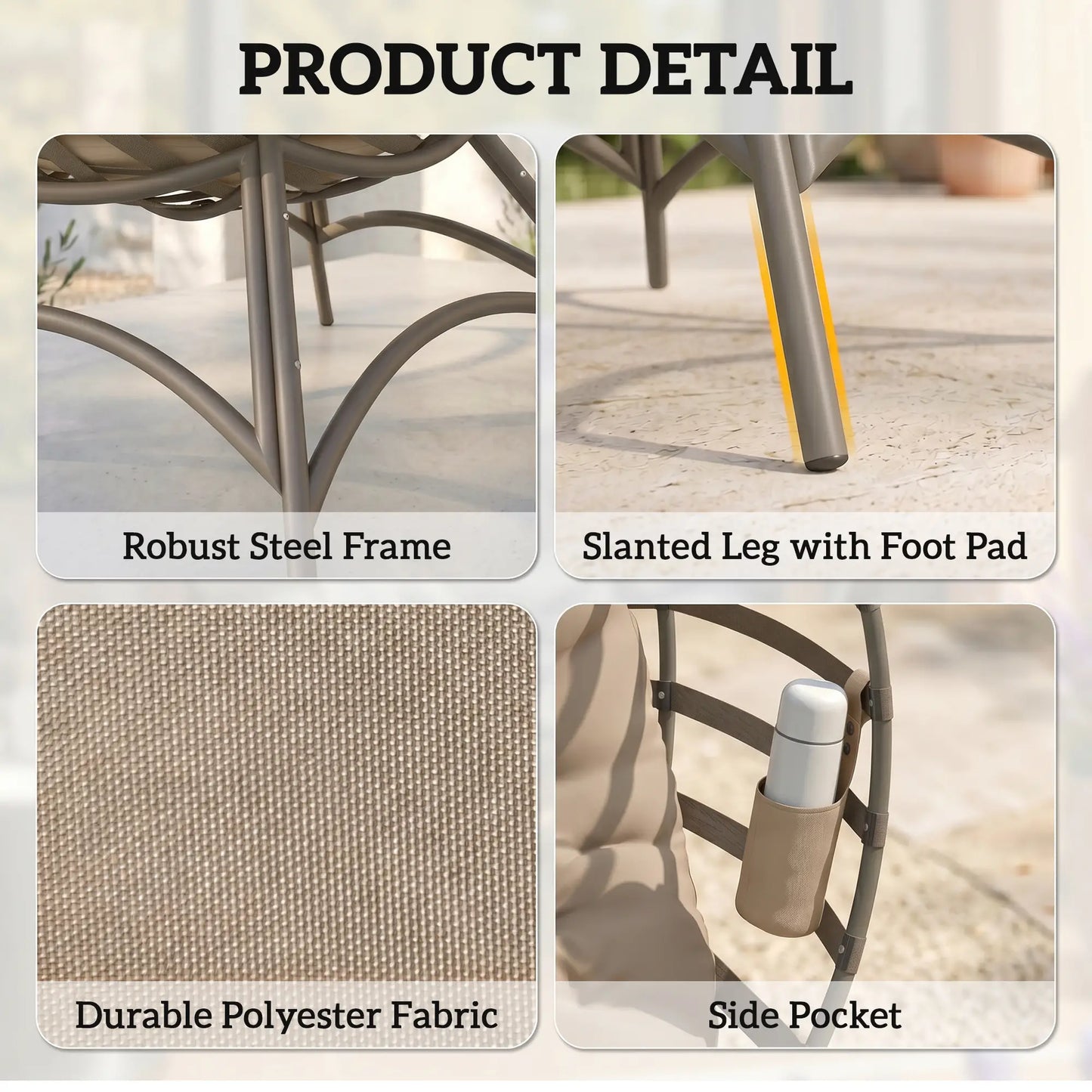 Egg Chair, Patio Lounge Chair, Foldable Basket Chair with Large Seat Cushion, Side Pocket, Sand Patio Chairs at Gallery Canada
