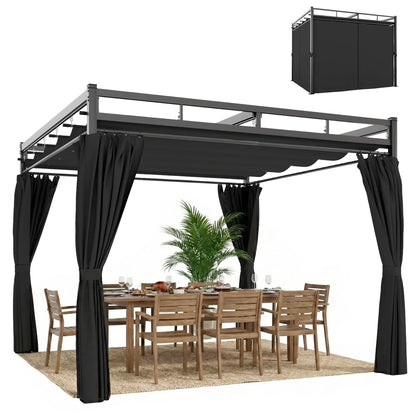 10' x 10' Dark Grey Outdoor Gazebo, Retractable Pergola Canopy With Curtains, Dark Grey Pergolas at Gallery Canada