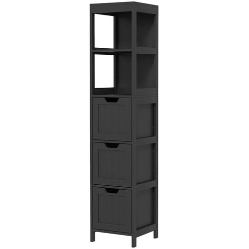 Narrow Bathroom Cabinet, 3 Drawers, 2 Tier Shelf, Tall Cupboard, Black