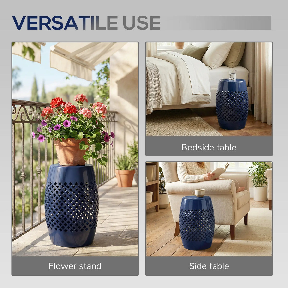 12" Steel Round Hollow Drum Side Table, Navy Blue Patio Side Tables at Gallery Canada