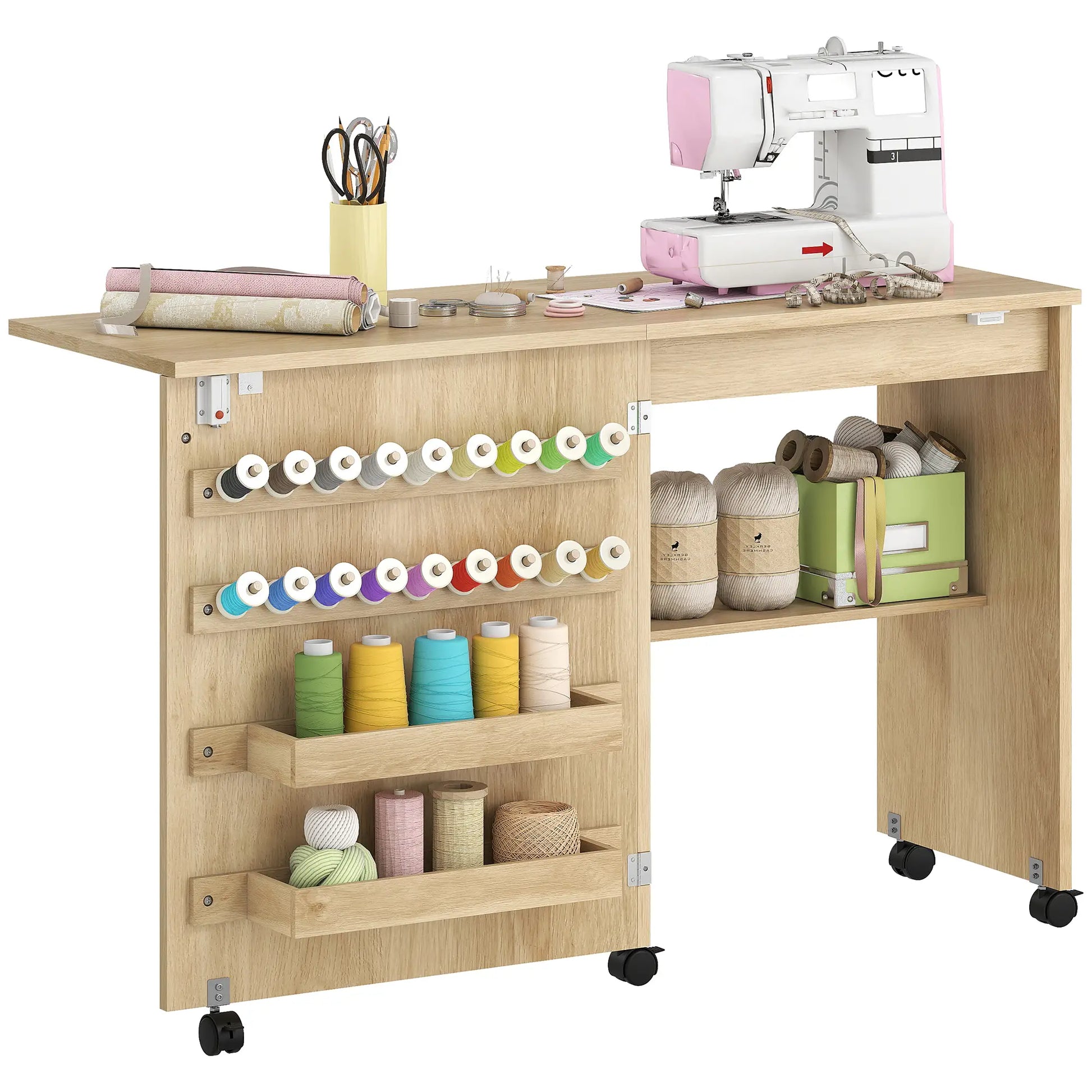 Sewing Machine Table on Wheels, Folding Craft Table with Storage, Natural Storage Cabinets at Gallery Canada