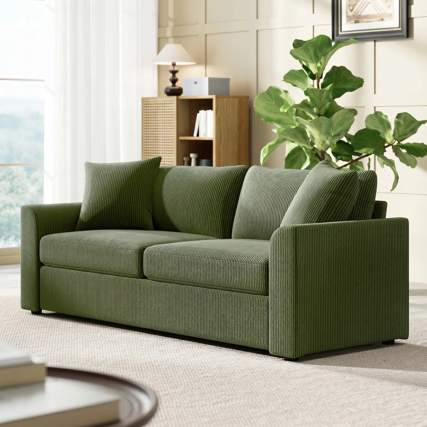 3 Seater Sofa, 83.5" Upholstered Couch, Pocket Spring, 2 Cushions, Green 3-Seater Sofas at Gallery Canada