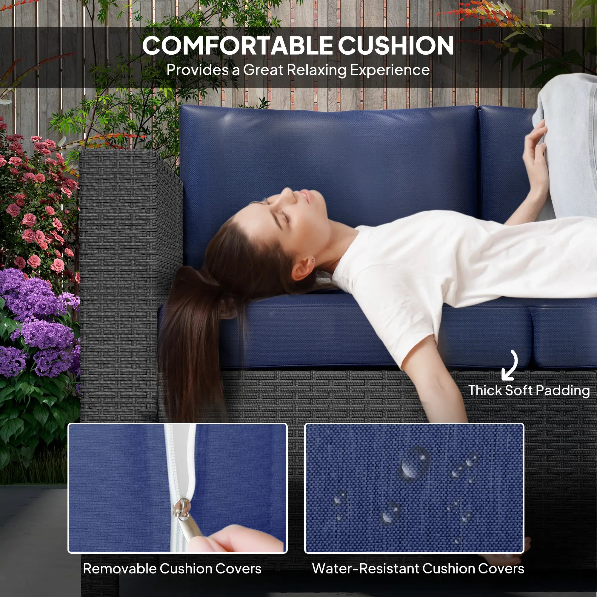3 Seat Rattan Wicker Sofa, Outdoor Patio Furniture, Navy Blue Patio Furniture Sets at Gallery Canada