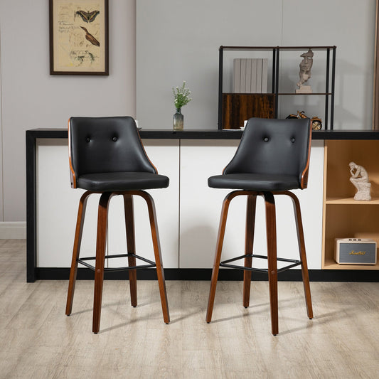 Bar Height Bar Stools Set of 2 PU Leather Swivel Barstools with Footrest and Tufted Back, Black - Gallery Canada