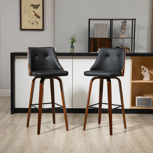 PU Leather Swivel Bar Stools, Set of 2, Solid Wood Legs, Black