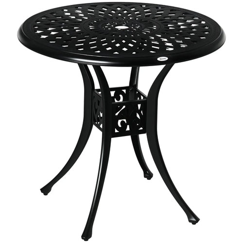30-Inch Round Patio Dining Table, Umbrella Hole, Antique Cast Aluminum, Black