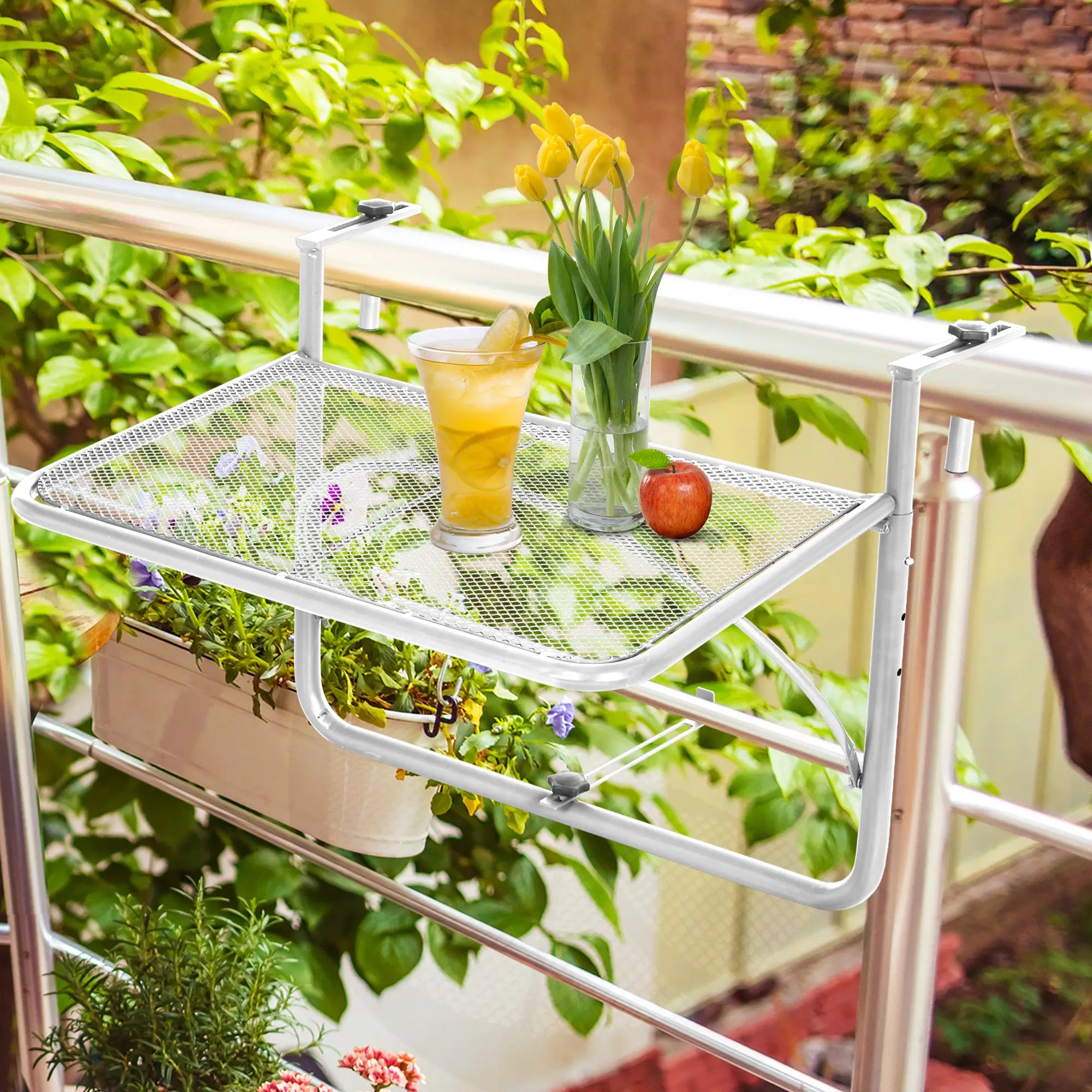 Adjustable Balcony Hanging Table, Metal Wall Desk, Outdoor Flower Stand, White Balcony Table Hanging at Gallery Canada