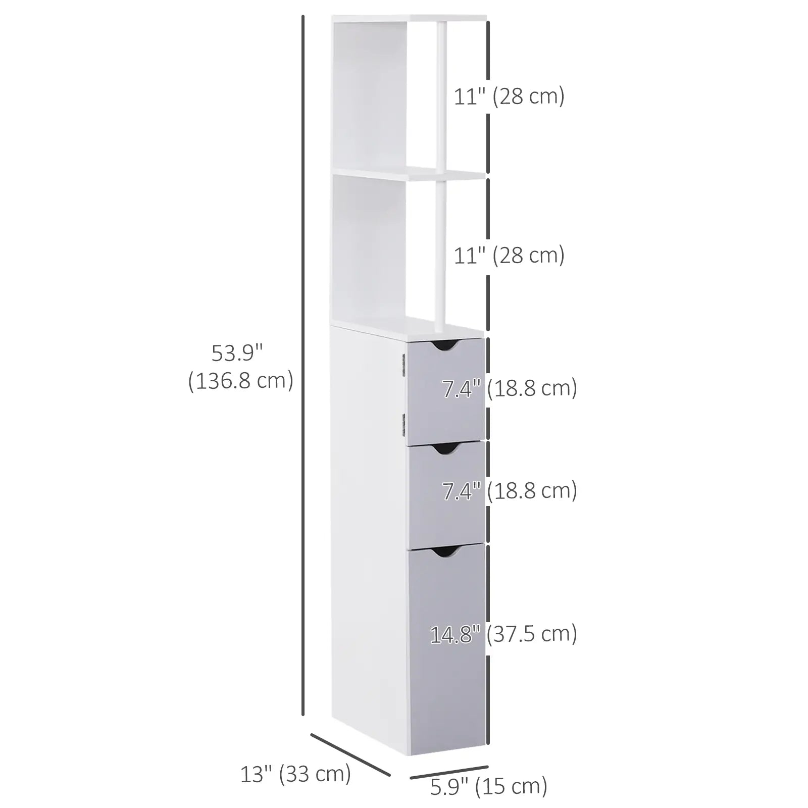Tall Narrow Bathroom Storage Cabinet with Drawers, Open Shelves, White Grey Bathroom Cabinets at Gallery Canada