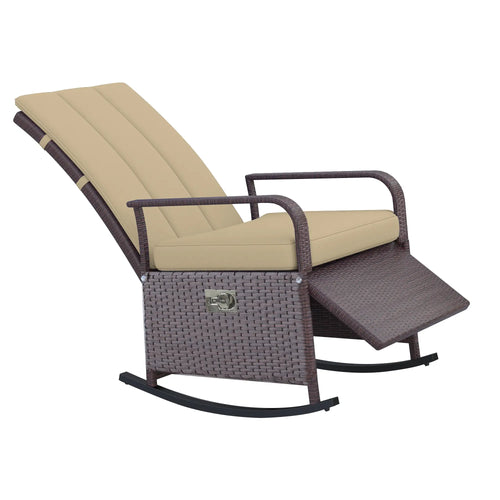 Outdoor Wicker Rocking Chair, PE Rattan Recliner with Cushion, Adjustable Footrest, Khaki