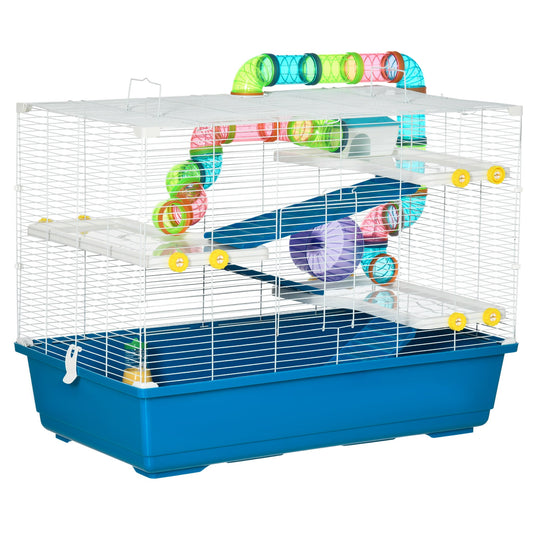 31" Large Hamster Cage, Small Animal House, Multi-storey Gerbil Haven, Tunnel Tube System, with Water Bottle, Exercise Wheel, Food Dish, Ramps, Blue - Gallery Canada