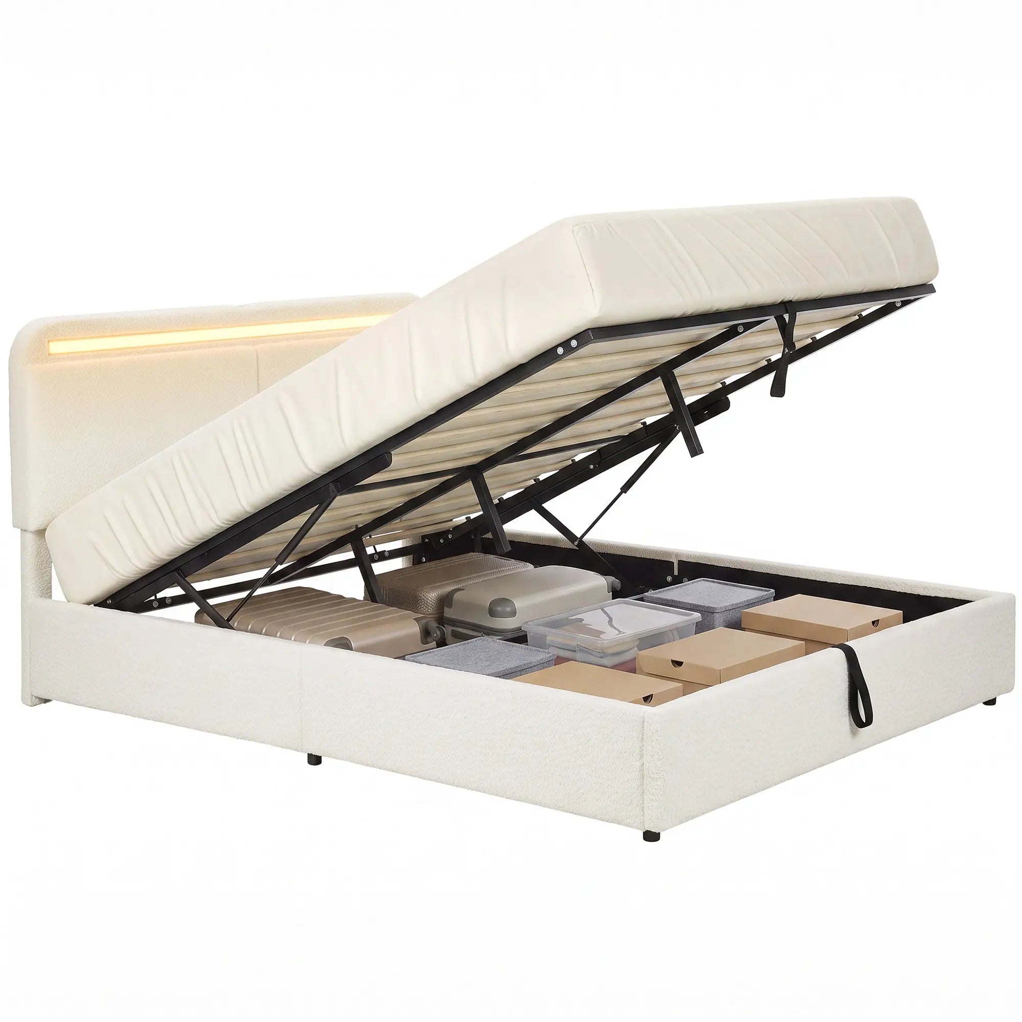 Queen Bed Frame with Charging Station, LED Lights, Adjustable Headboard, White Bed Frames at Gallery Canada