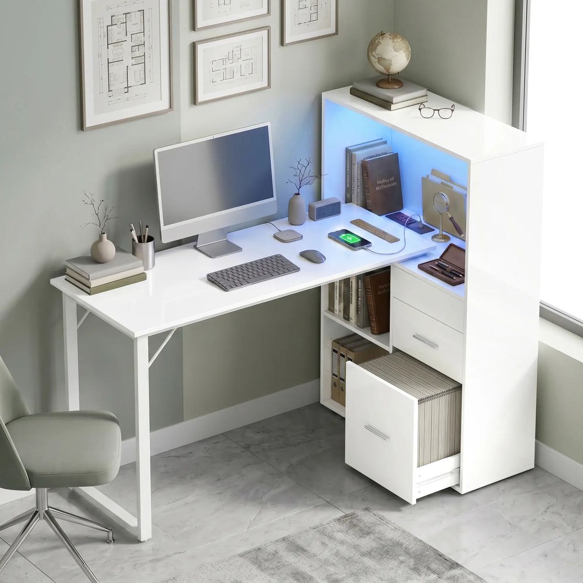 54" Computer Desk With Drawers, Power Outlets, LED Lights, White Computer Desks at Gallery Canada