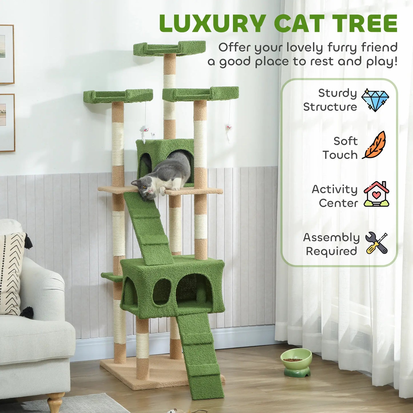 68-Inch Cat Scratching Tree, Multi-Level Activity Center, Green Multi-Level Cat Towers at Gallery Canada