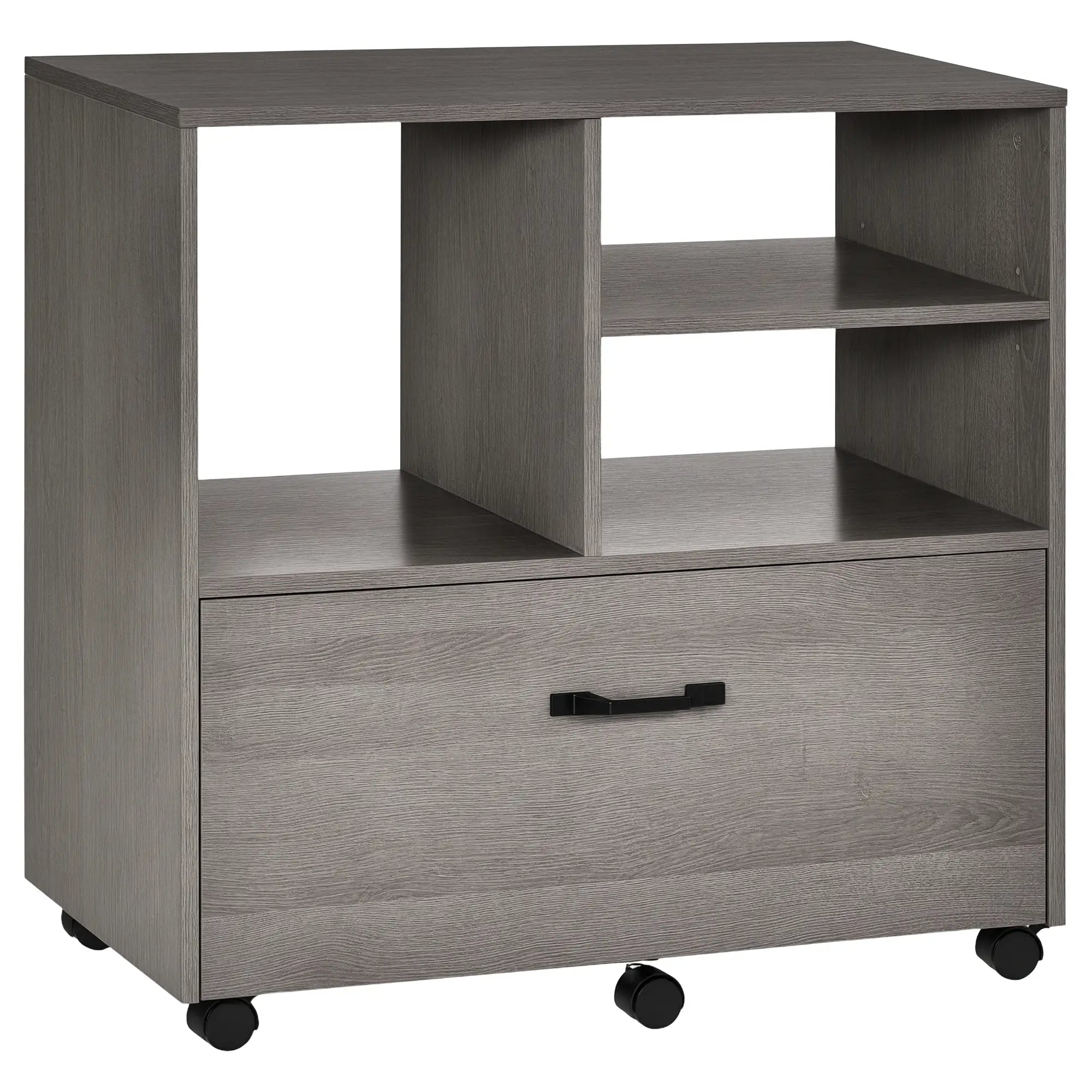 Lateral Filing Cabinet, Open Shelf, Mobile with Wheels, Letter Legal Size, Grey Office Cabinets & Cupboards Grey Wood Grain at Gallery Canada