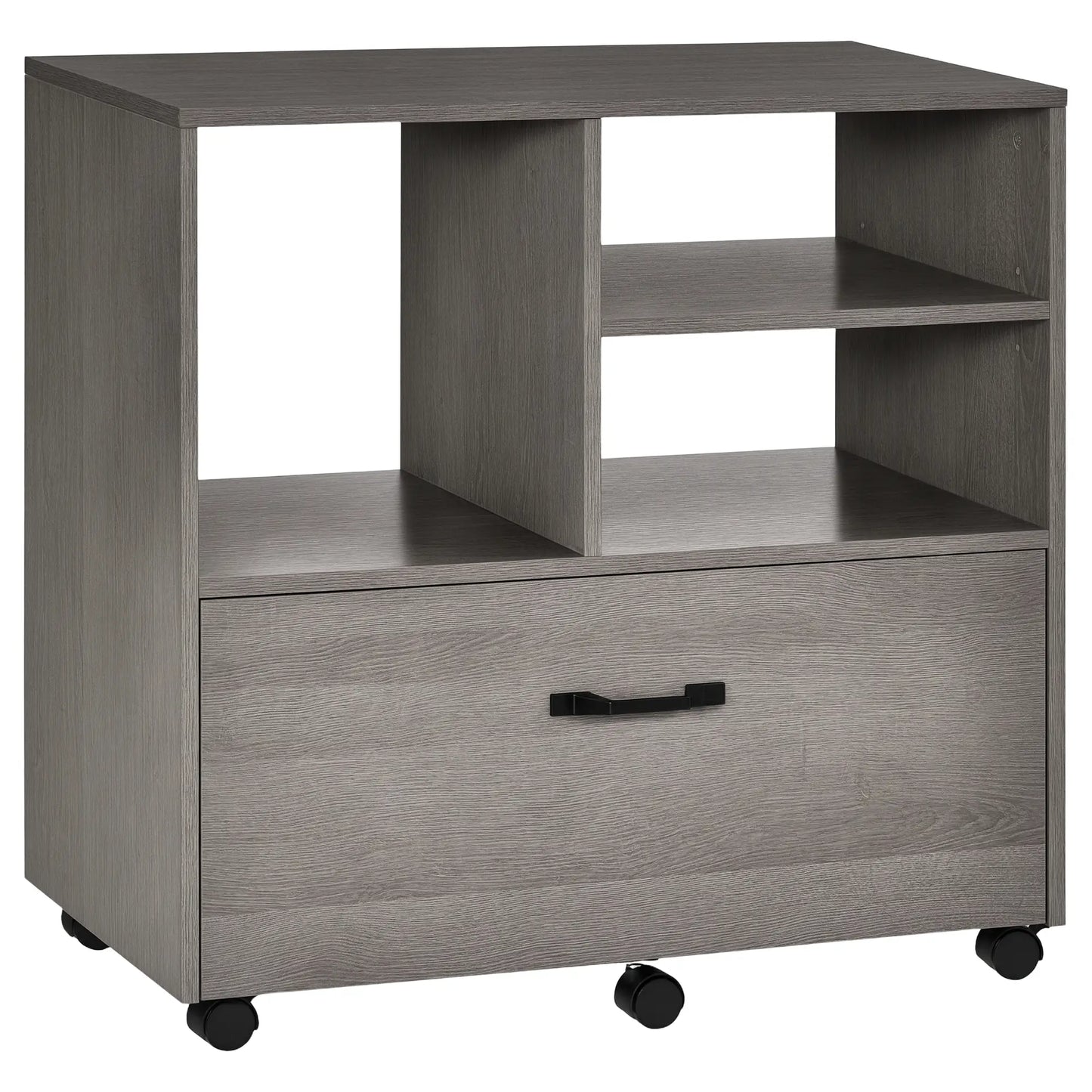 Lateral Filing Cabinet, Open Shelf, Mobile with Wheels, Letter Legal Size, Grey Office Cabinets & Cupboards Grey Wood Grain at Gallery Canada