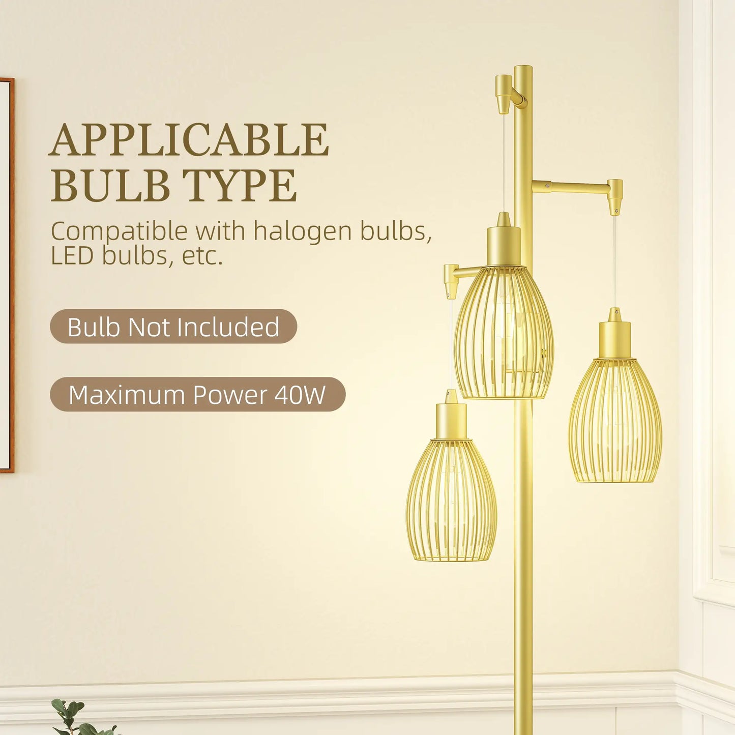Industrial Floor Lamp, 3 Hanging Wire Lampshades, Dimmable, Gold Floor Lamps & Ceiling Fan Lights at Gallery Canada