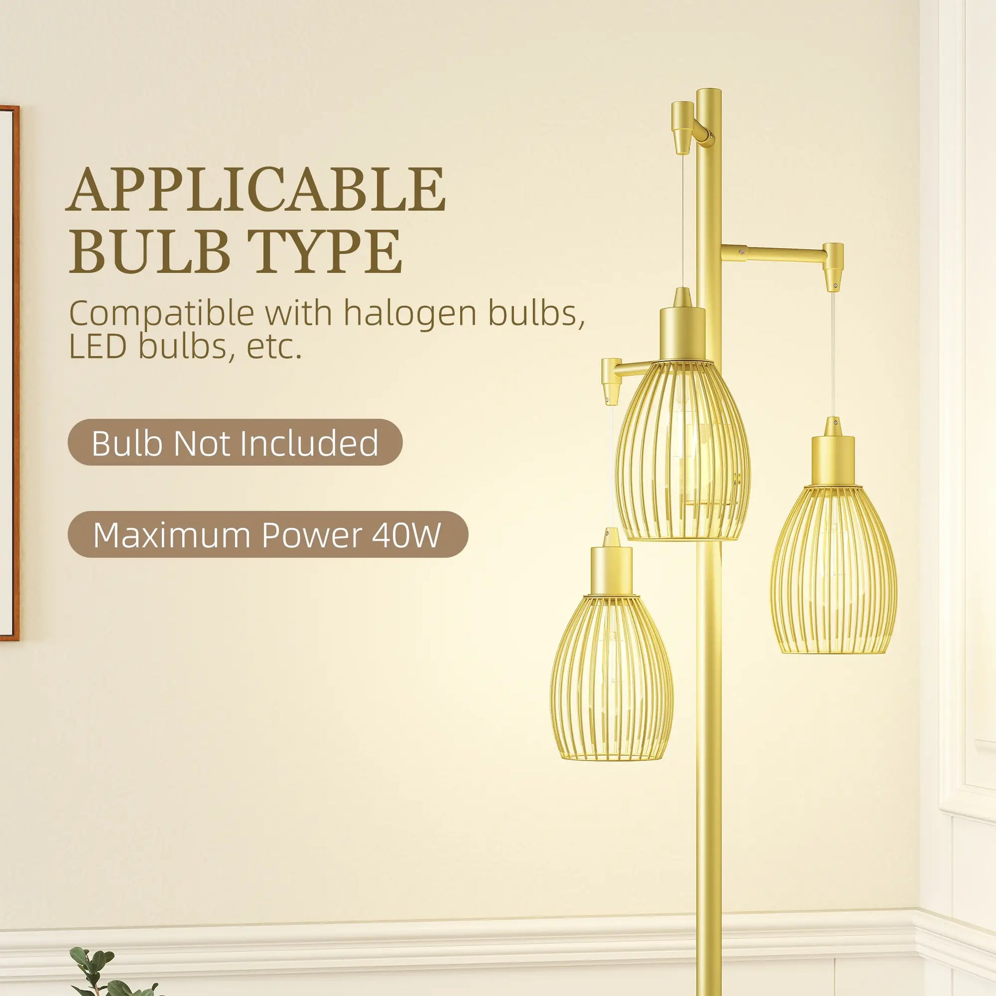 Industrial Floor Lamp, 3 Hanging Wire Lampshades, Dimmable, Gold Floor Lamps & Ceiling Fan Lights at Gallery Canada