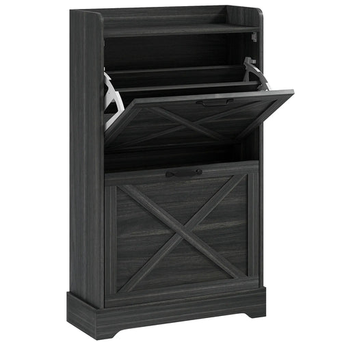 Slim Shoe Storage Cabinet, 2 Flip Drawers, Adjustable Shelves, Distressed, Grey