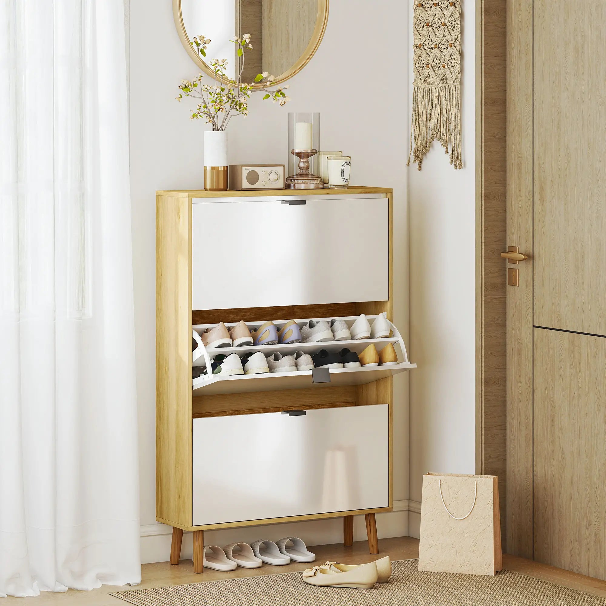 Narrow Shoe Cabinet, 3 Flip Drawers, Adjustable Shelves, Holds 24 Pairs, White Shoe Storage Cabinets & Racks at Gallery Canada