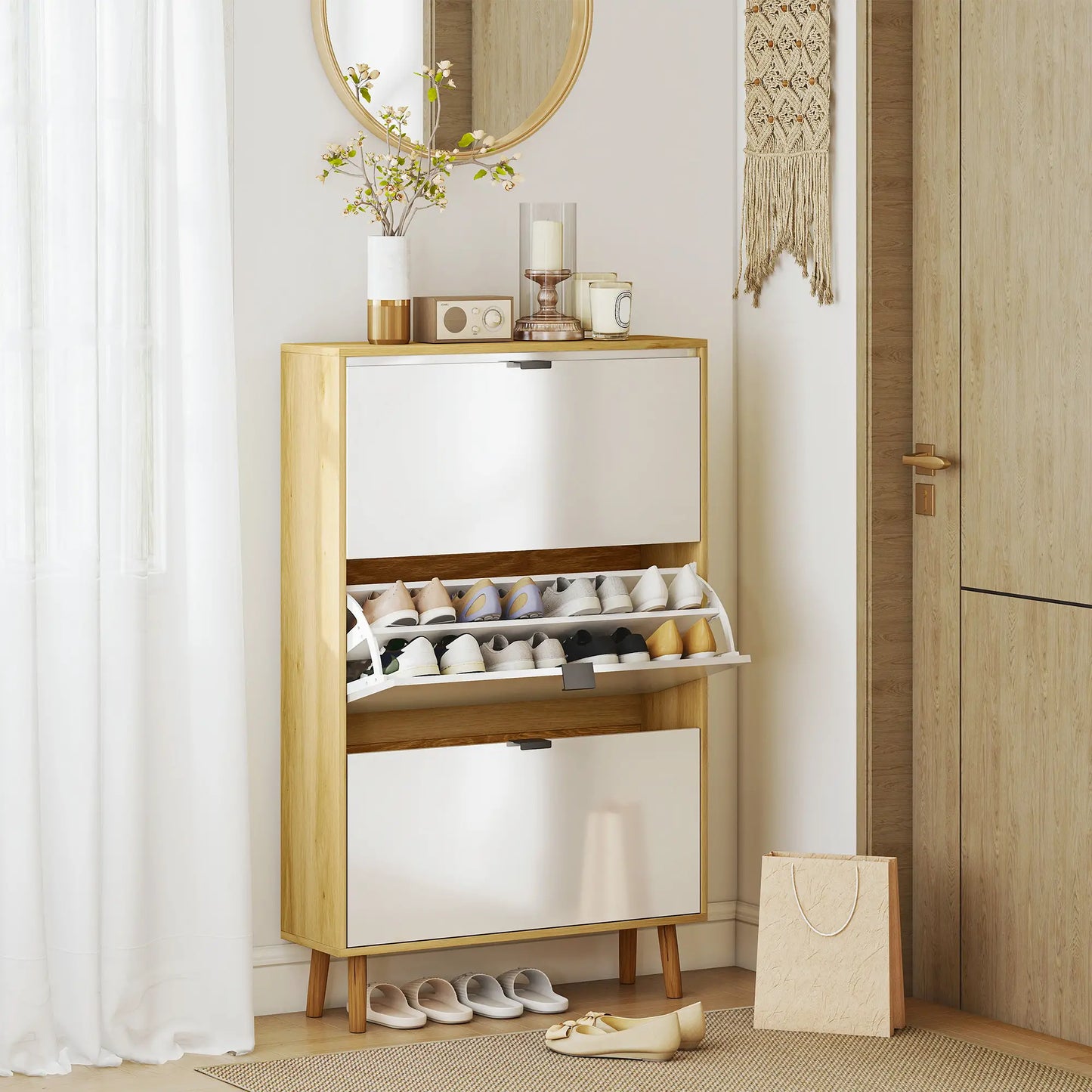 Narrow Shoe Cabinet, 3 Flip Drawers, Adjustable Shelves, Holds 24 Pairs, White Shoe Storage Cabinets & Racks at Gallery Canada