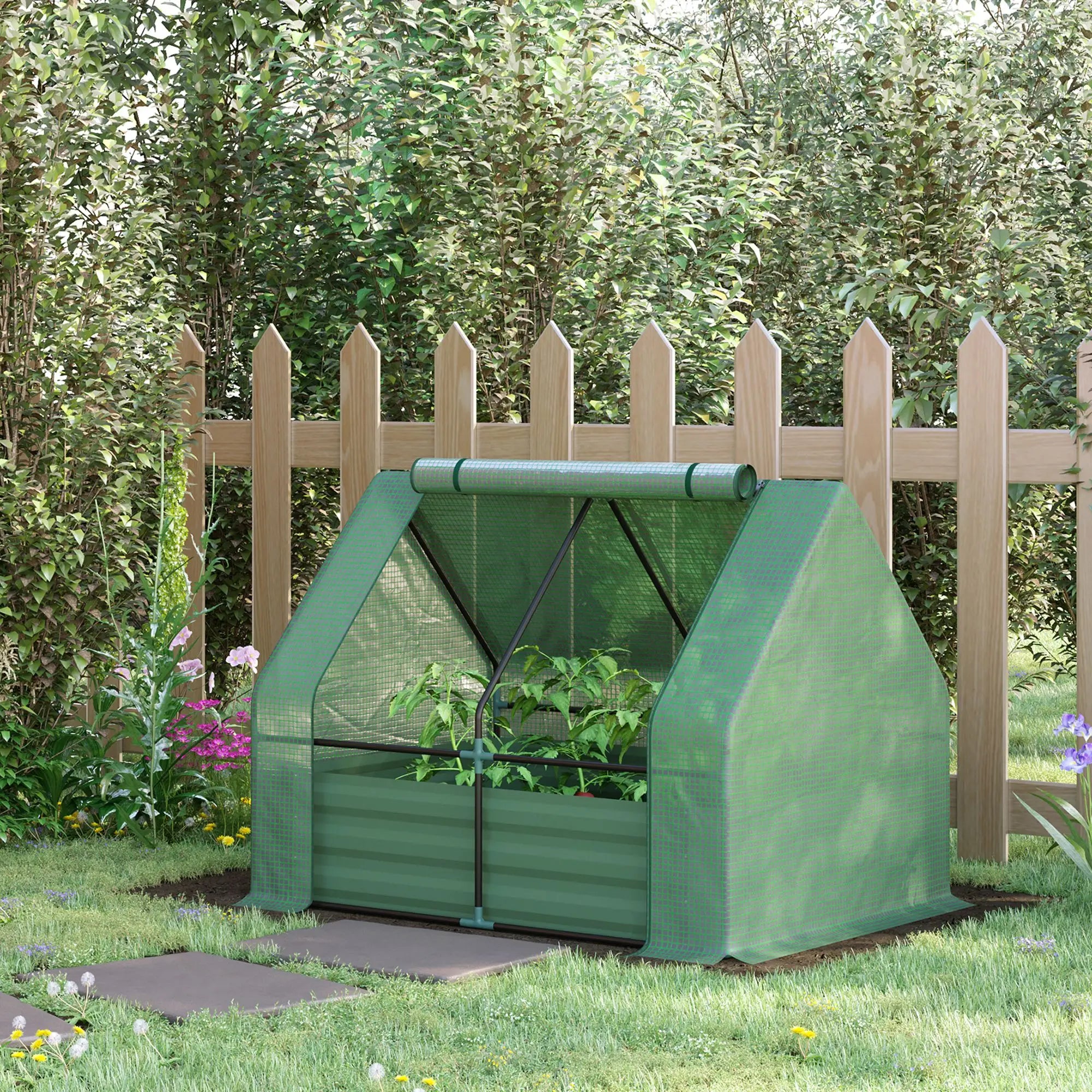 Steel Outdoor Raised Garden Bed, Greenhouse Cover, Roll Up Door, 50