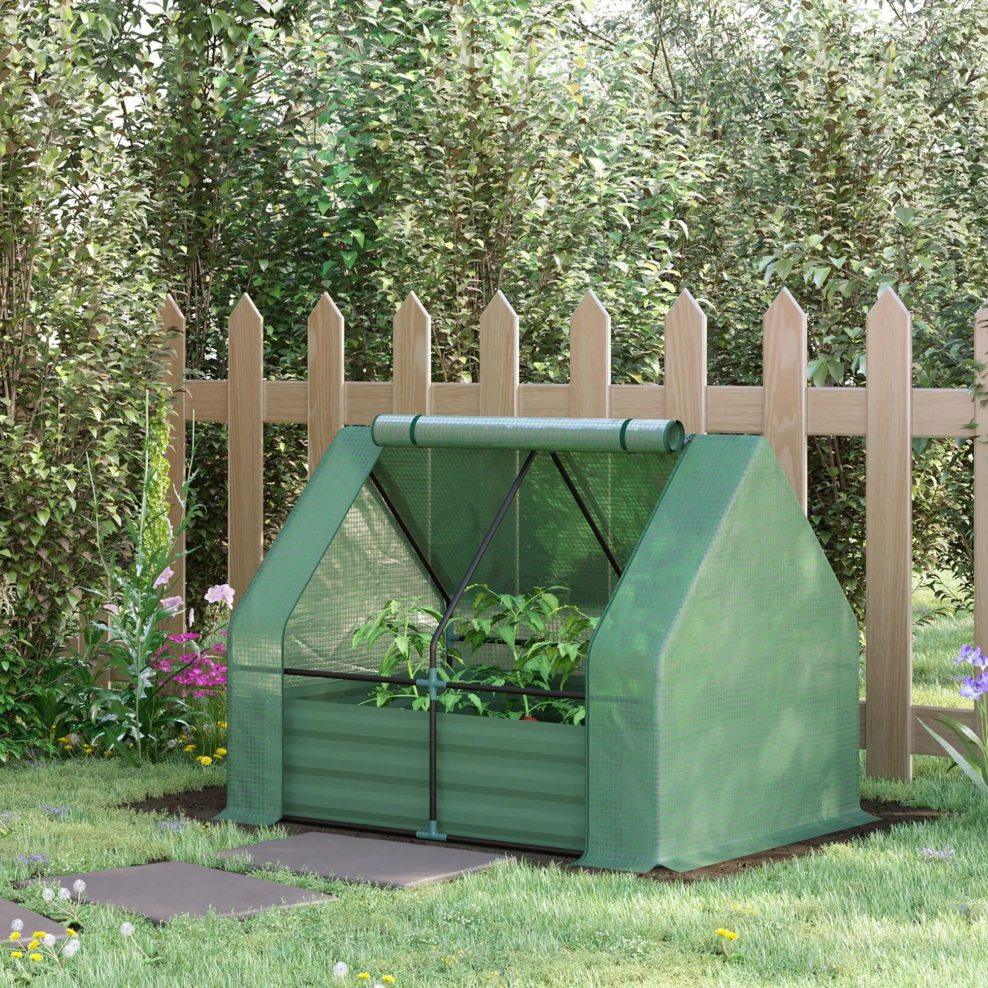 Steel Outdoor Raised Garden Bed, Greenhouse Cover, Roll Up Door, 50"x37.4"x36.2", Green Mini Greenhouses at Gallery Canada