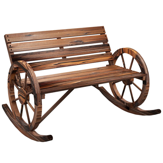 Wood Outdoor Loveseat, Carbonized, Wagon Wheel Armrests Outdoor Rocking Chairs Carbonized at Gallery Canada
