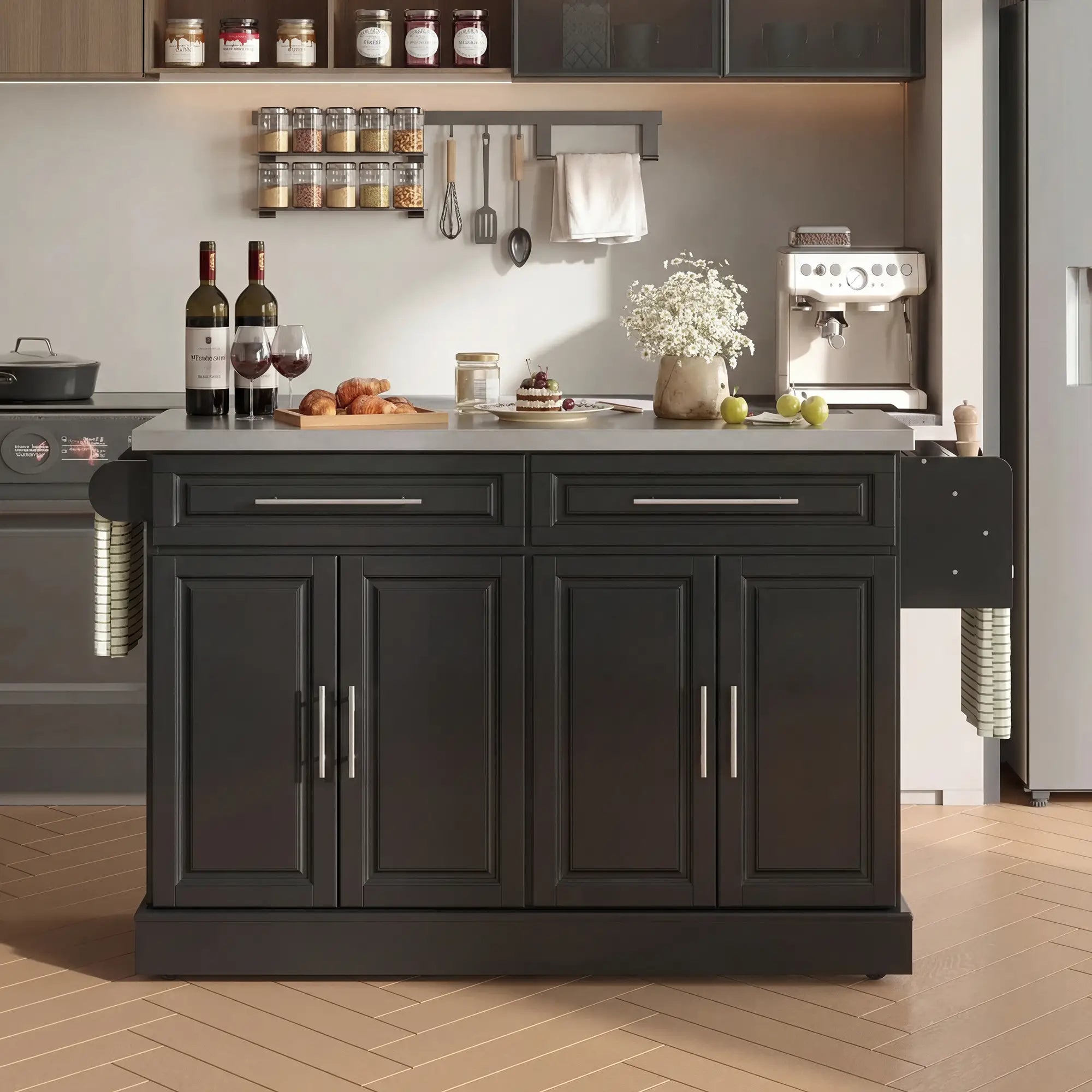 Rolling Kitchen Island with Storage and Stainless Steel Top, Kitchen Trolley with Drawers, Cabinets, Towel Rack Kitchen Islands & Kitchen Carts at Gallery Canada